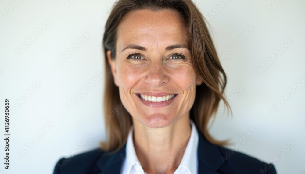 A middle aged woman with shoulder length brown hair smiles warmly at the camera. A middle aged woman with shoulder length brown hair smiles warmly at the camera.