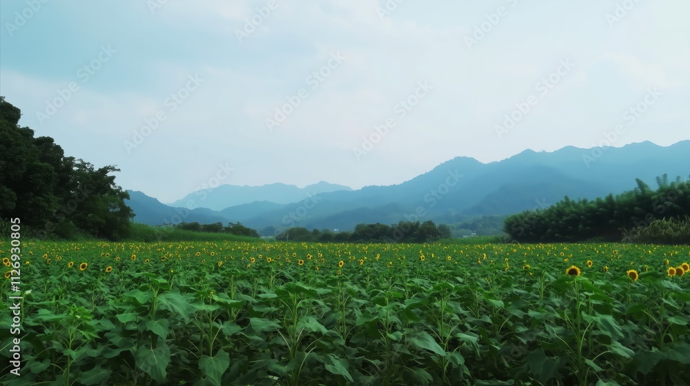 Field of sunflowers with a mountain in the background Field of sunflowers with a mountain in the background