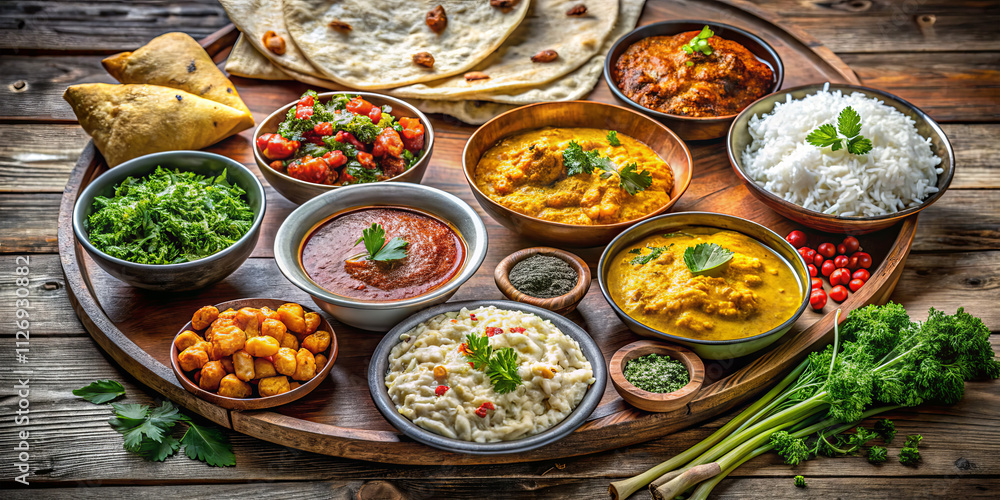 An assortment of traditional Indian dishes arranged on a wooden platter, showcasing colorful curries, rice, bread, and sides in a warm and inviting setting, perfect for sharing An assortment of traditional Indian dishes arranged on a wooden platter, showcasing colorful curries, rice, bread, and sides in a warm and inviting setting, perfect for sharing