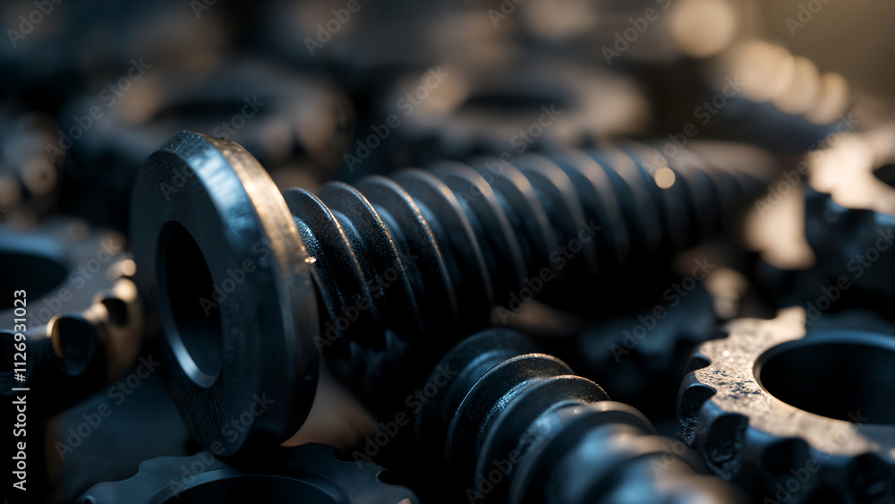 Artistic Interpretation of a Machine Screw with Dramatic Lighting and Surrounding Mechanical Components Artistic Interpretation of a Machine Screw with Dramatic Lighting and Surrounding Mechanical Components