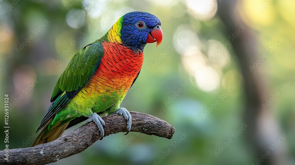 Fototapeta premium stock photo of brightly colored exotic bird perched on tree branch in tropical forest