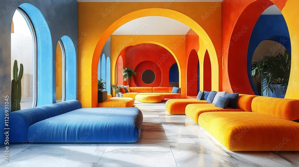 A colorful room with a blue couch and orange couch A colorful room with a blue couch and orange couch