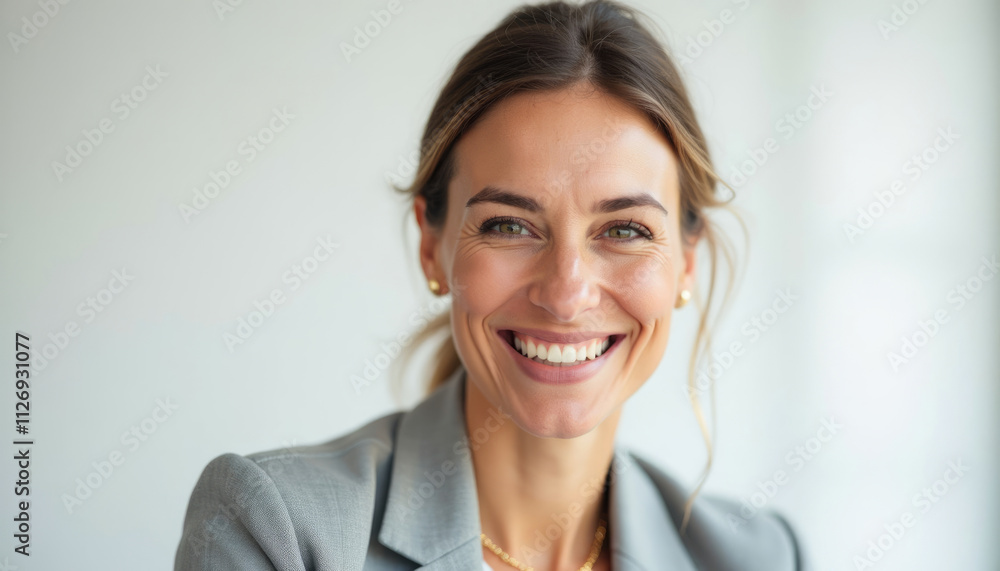 A smiling woman in a gray blazer exuding confidence and success. A smiling woman in a gray blazer exuding confidence and success.