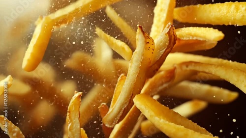 Close up of crispy golden French fries. Sliced of tasty delicious yellow fried potatoes closeup. Unhealthy fast junk food background.