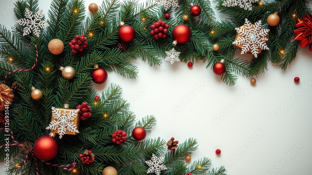 Festive Holiday Season Border with Evergreen Branches, Ornaments, and Sparkling Lights Festive Holiday Season Border with Evergreen Branches, Ornaments, and Sparkling Lights