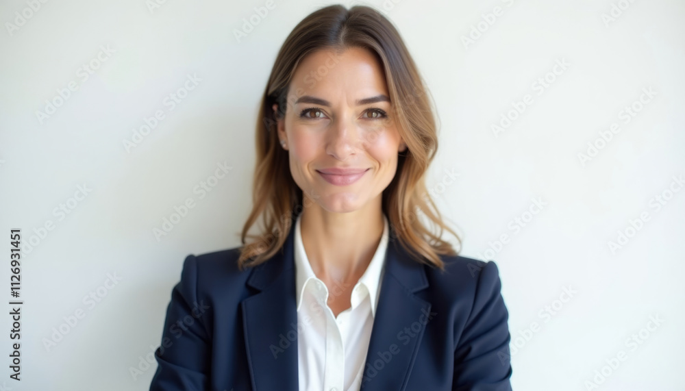 Confident businesswoman in navy blue blazer with warm smile. Confident businesswoman in navy blue blazer with warm smile.