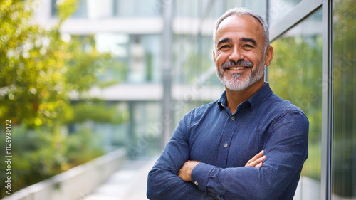 Portrait of a cheerful man with arms crossed, standing in front of a modern office building, professional yet friendly, natural light