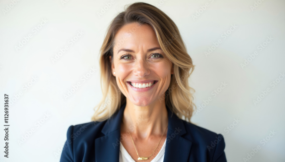 A smiling middle aged woman with blonde hair wearing a navy blue blazer. A smiling middle aged woman with blonde hair wearing a navy blue blazer.