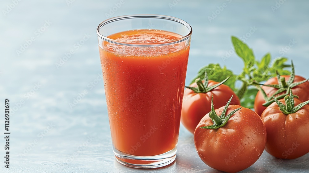 Fresh tomato juice is made by extracting the liquid from ripe, juicy tomatoes and is packed with vibrant red color and a refreshing, tangy taste that is bursting with vitamins and antioxidants. Fresh tomato juice is made by extracting the liquid from ripe, juicy tomatoes and is packed with vibrant red color and a refreshing, tangy taste that is bursting with vitamins and antioxidants.