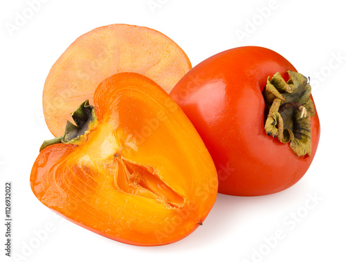 Persimmon and two halves on white background. Isolated