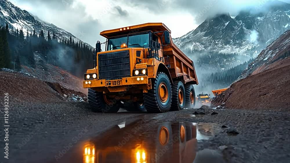 Heavy mining trucks working in rugged terrain under cloudy skies in a mountainous region Heavy mining trucks working in rugged terrain under cloudy skies in a mountainous region