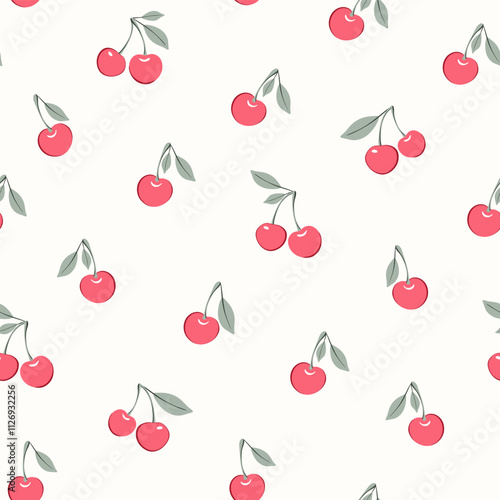 Vector illustration. Seamless cherry pattern on a light background. Fruit summer design for fabrics, wallpapers, textiles, wrapping paper, summer background, fruit harvest