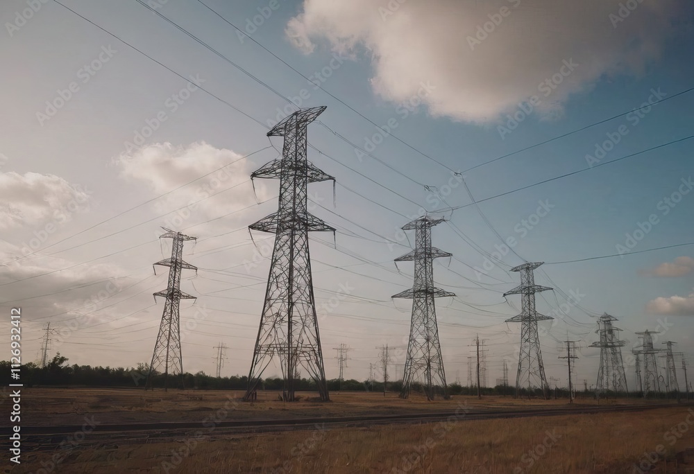 Fototapeta premium There exists a large field filled with numerous power lines and tall silos
