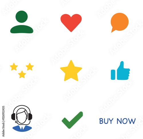 Collection of vector icons depicting social network features like user engagement and feedback tools. Coloured icons on a transparent background.