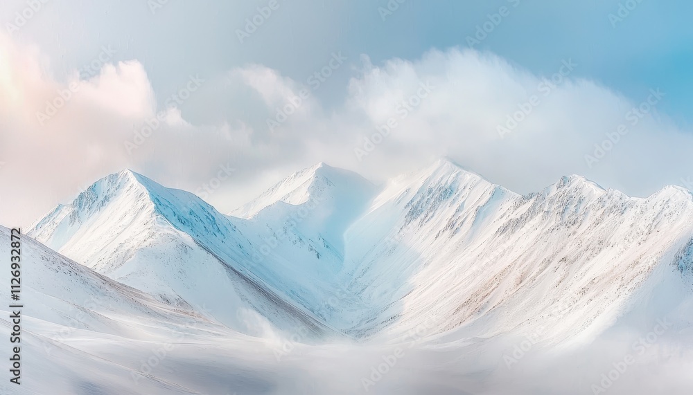 Majestic Panoramic View of Snow-Capped Mountain Range Surrounded by Soft Clouds and Serene Sky in Winter Landscape Majestic Panoramic View of Snow-Capped Mountain Range Surrounded by Soft Clouds and Serene Sky in Winter Landscape