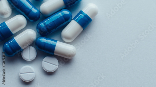 a pile of blue and white medical pills 