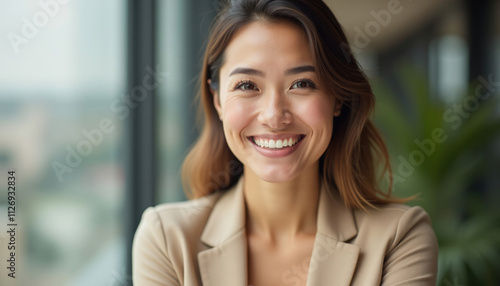 A smiling Asian businesswoman in a beige blazer exuding confidence and success.