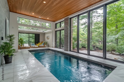 Indoor swimming pool surrounded by large windows and greenery, creating a serene atmosphere.