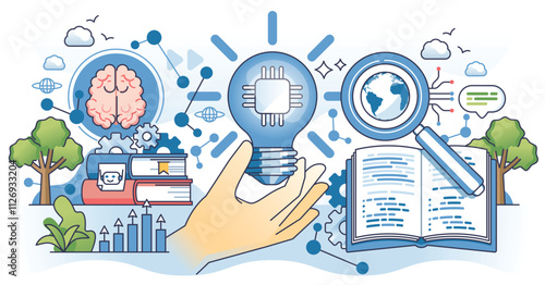 AI literacy involves understanding AI through symbols like a brain, light bulb, and magnifying glass. Outline hands concept