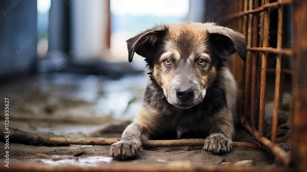 Sad and Lonely Brown Puppy Looking Out from a Metal Cage in an Abandoned Space, Capturing the Essence of Stray Animals and Animal Welfare Issues Sad and Lonely Brown Puppy Looking Out from a Metal Cage in an Abandoned Space, Capturing the Essence of Stray Animals and Animal Welfare Issues