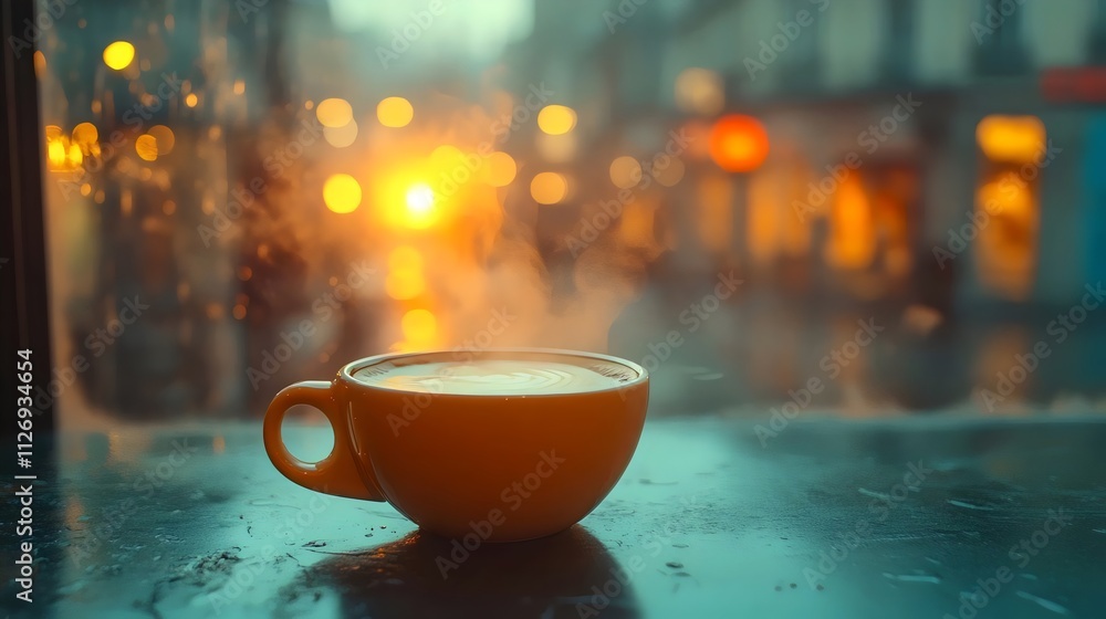 A cup of coffee is sitting on a table with a view of a city street A cup of coffee is sitting on a table with a view of a city street