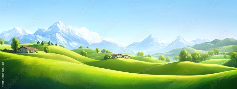 Obraz premium A serene landscape featuring rolling green hills and majestic mountains under a clear sky.