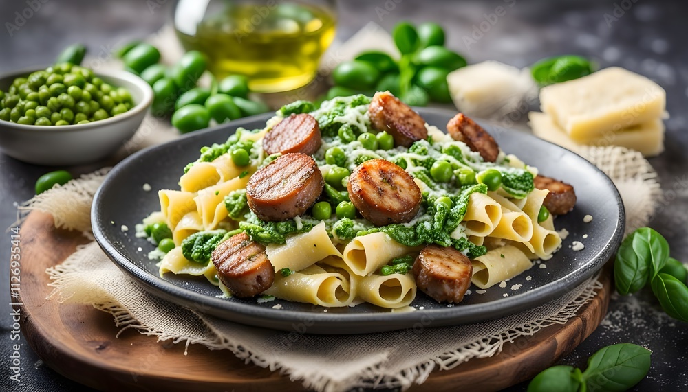 Homemade Pasta with green peas, spinach pesto and sausages. parmesan cheese. healthy food.
Homemade Pasta with green peas, spinach pesto and sausages. parmesan cheese. healthy food.