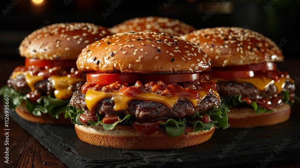 Four Juicy Cheeseburgers with Sesame Seed Buns, Melted Cheese, and Toppings on a Dark Surface Four Juicy Cheeseburgers with Sesame Seed Buns, Melted Cheese, and Toppings on a Dark Surface