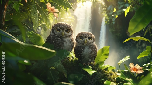 Two Adorable Owls Resting in a Lush Jungle with a Waterfall in the Background