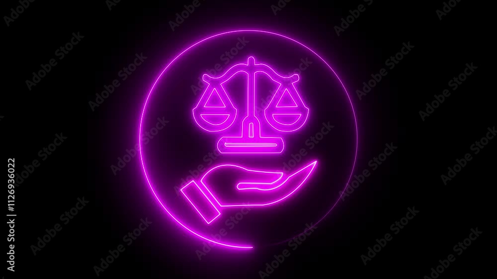Glowing neon line Scales of justice icon isolated on black background. Court of law symbol. Balance scale sign. A scales icon typically features a balanced scale black background Glowing neon line Scales of justice icon isolated on black background. Court of law symbol. Balance scale sign. A scales icon typically features a balanced scale black background