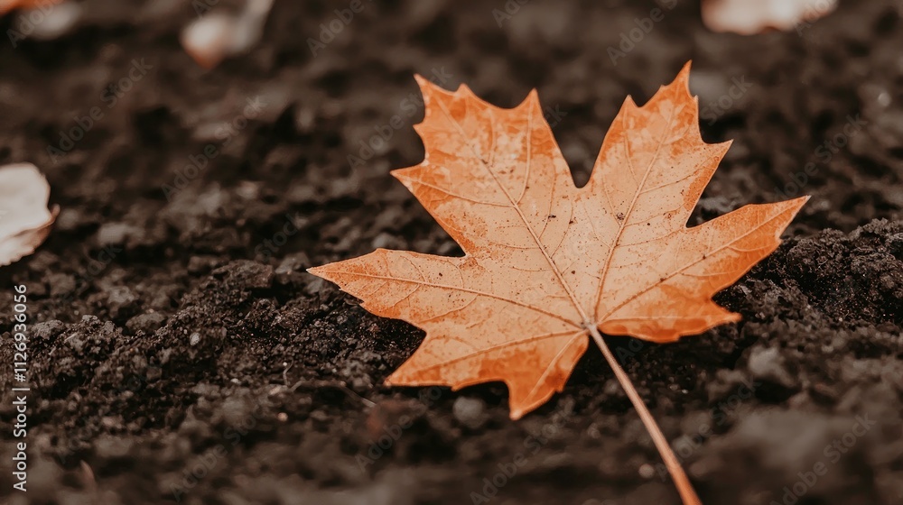 Single Orange Leaf on Dark Soil in Autumn Season with Textured Background Highlighting Nature's Beauty and Change Single Orange Leaf on Dark Soil in Autumn Season with Textured Background Highlighting Nature's Beauty and Change