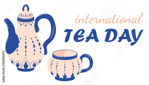 International Tea Day banner with a vintage teapot and teacup in flat style. Perfect for holiday greetings, tea event, poster and themed decoration.