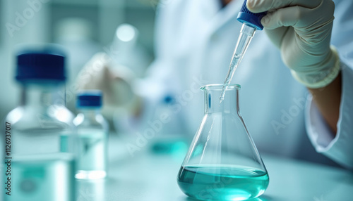 A scientist carefully adds liquid to an Erlenmeyer flask in a laboratory setting.