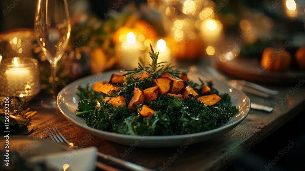 Delicious Salad with Roasted Pumpkin on a Cozy Dinner Table Filled with Warm Ambiance and Soft Candlelight Delicious Salad with Roasted Pumpkin on a Cozy Dinner Table Filled with Warm Ambiance and Soft Candlelight