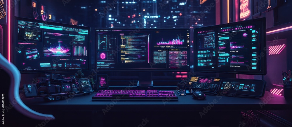 Futuristic gaming setup with multiple monitors and neon lighting. Futuristic gaming setup with multiple monitors and neon lighting.