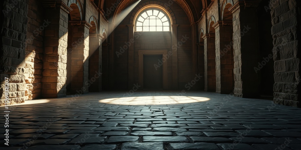 Fototapeta premium Sunlit Stone Hallway with Arched Windows and Columns