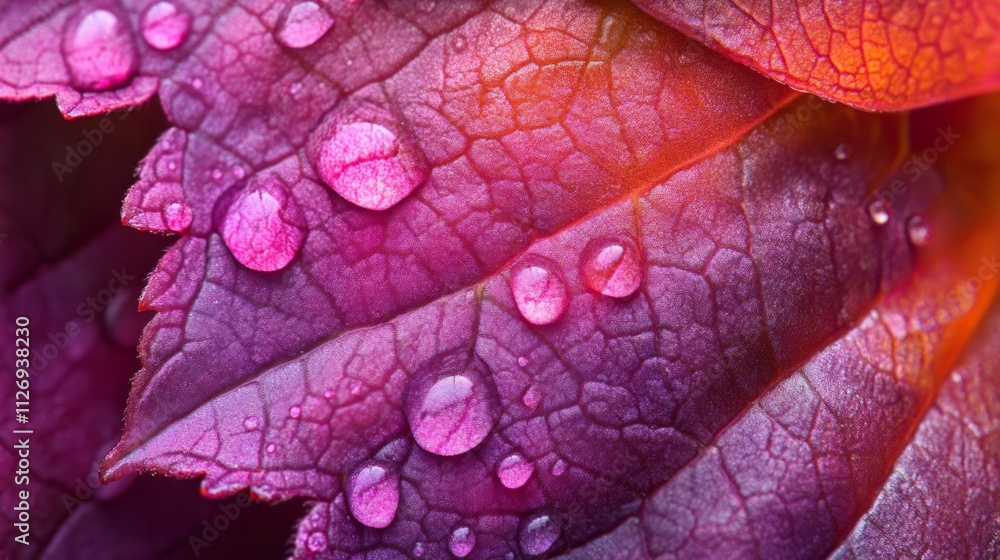 Fototapeta premium Beautiful Close-up of Colorful Leaves with Raindrops in Vibrant Shades of Purple and Pink