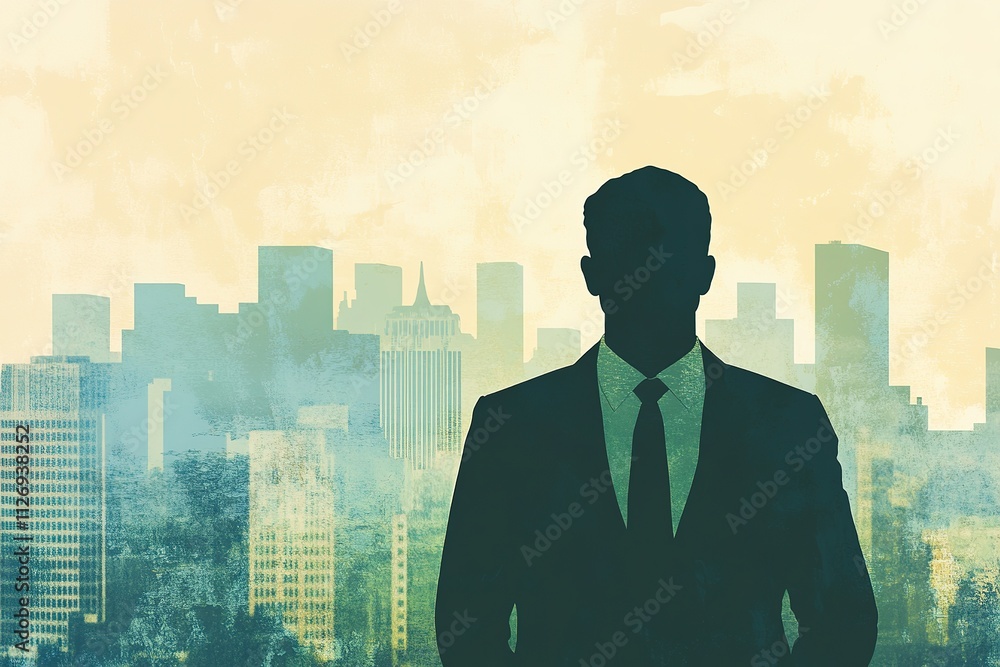 Silhouette of man in suit before cityscape, blended edges. Silhouette of man in suit before cityscape, blended edges.