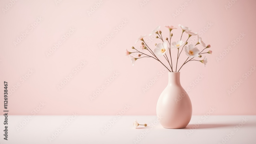 Delicate Pink Flowers in a Pale Vase on a White Surface Against a Soft Pink Background Delicate Pink Flowers in a Pale Vase on a White Surface Against a Soft Pink Background