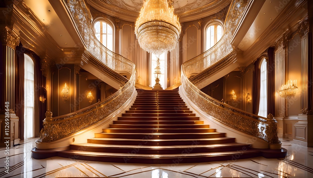 Obraz premium Grand Staircase in Luxurious Hall with Elegant Chandelier and Ornate Gold Detailing