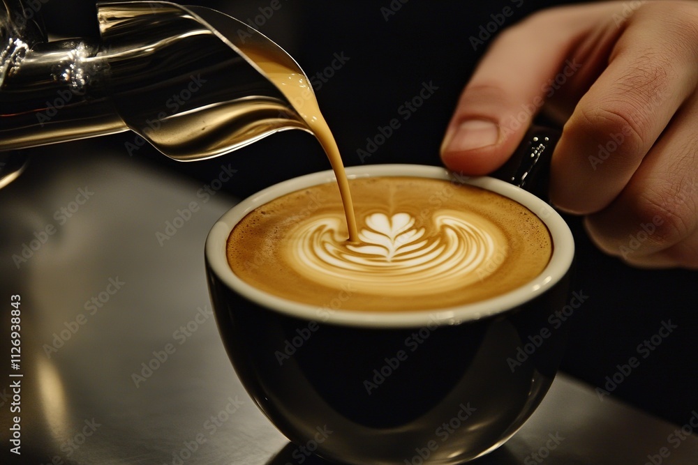 Barista pouring milk to create latte art Barista pouring milk to create latte art