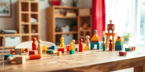 Colorful Wooden Blocks and Figurines on a Table