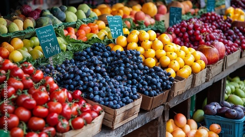 Fresh fruits and vegetables displayed at a vibrant market stall