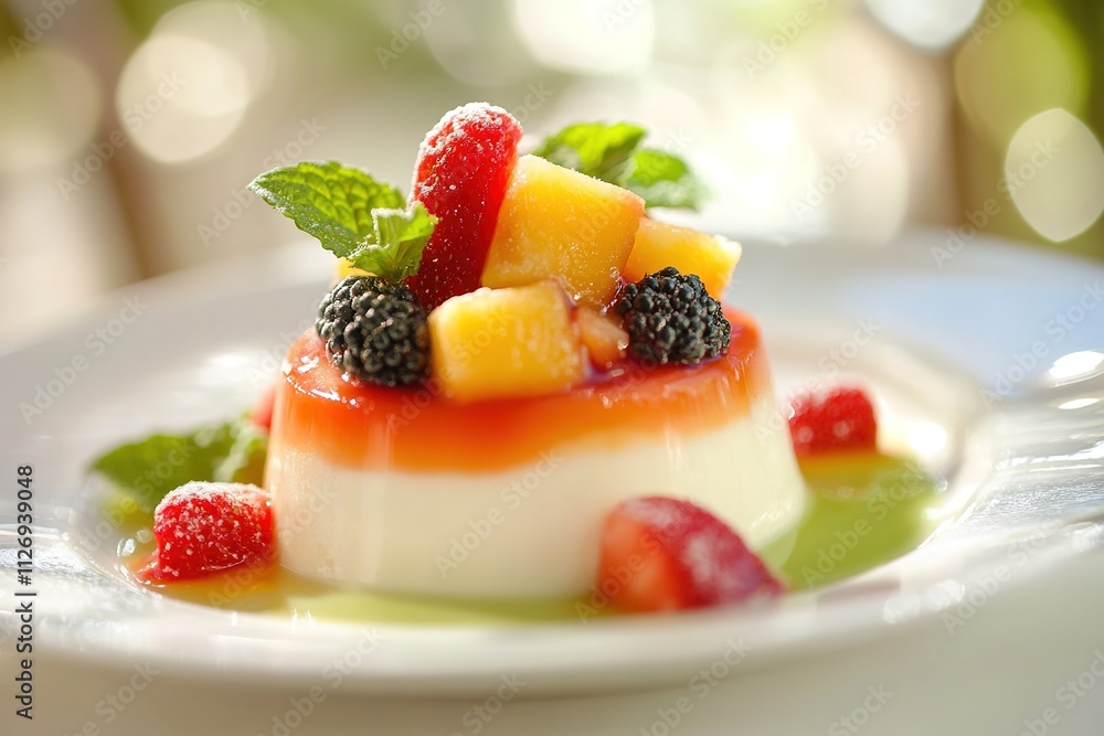 Fresh fruit panna cotta on plate in sunlight. Fresh fruit panna cotta on plate in sunlight.