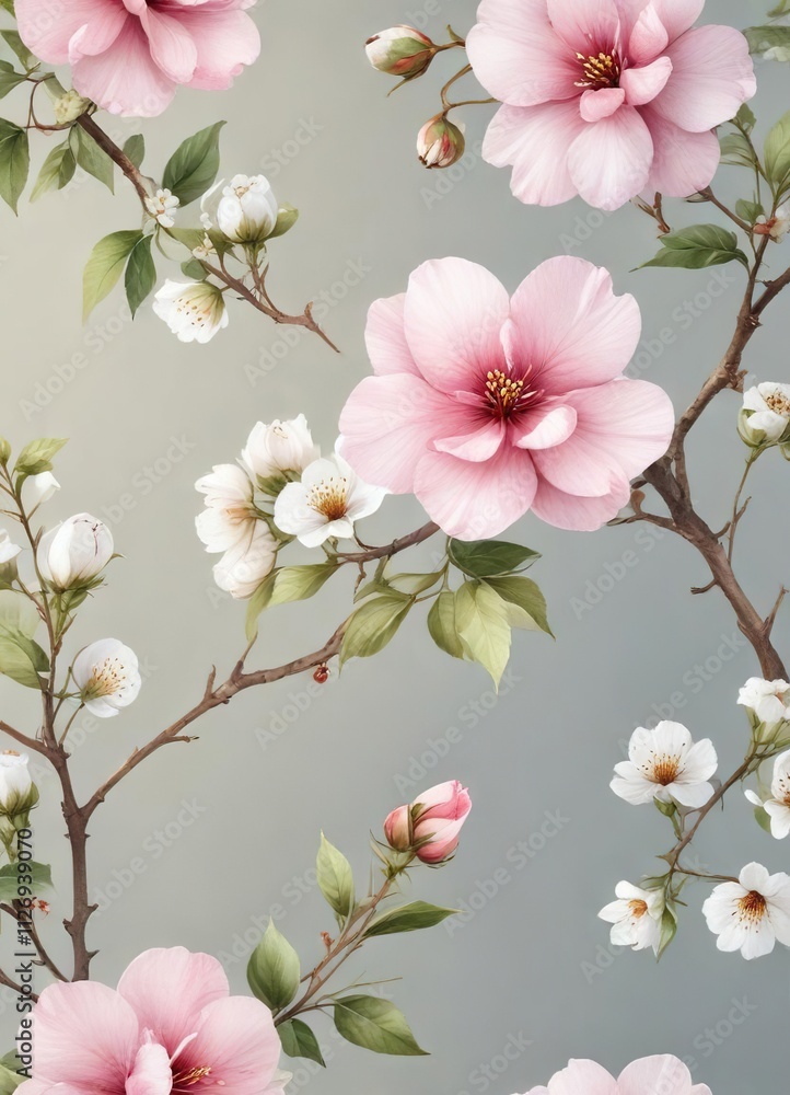 Fototapeta premium Feminine watercolor cotton flowers and branches seamless design, girly, flora, delicate