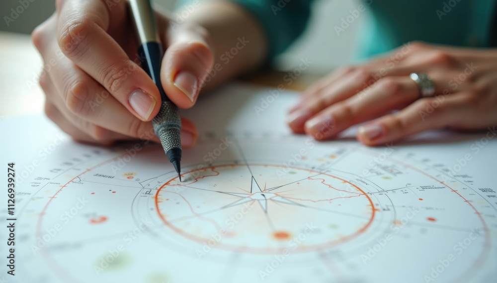 A person meticulously draws on a natal chart using a precise pen. Astrology cosmic chart. A person meticulously draws on a natal chart using a precise pen. Astrology cosmic chart.