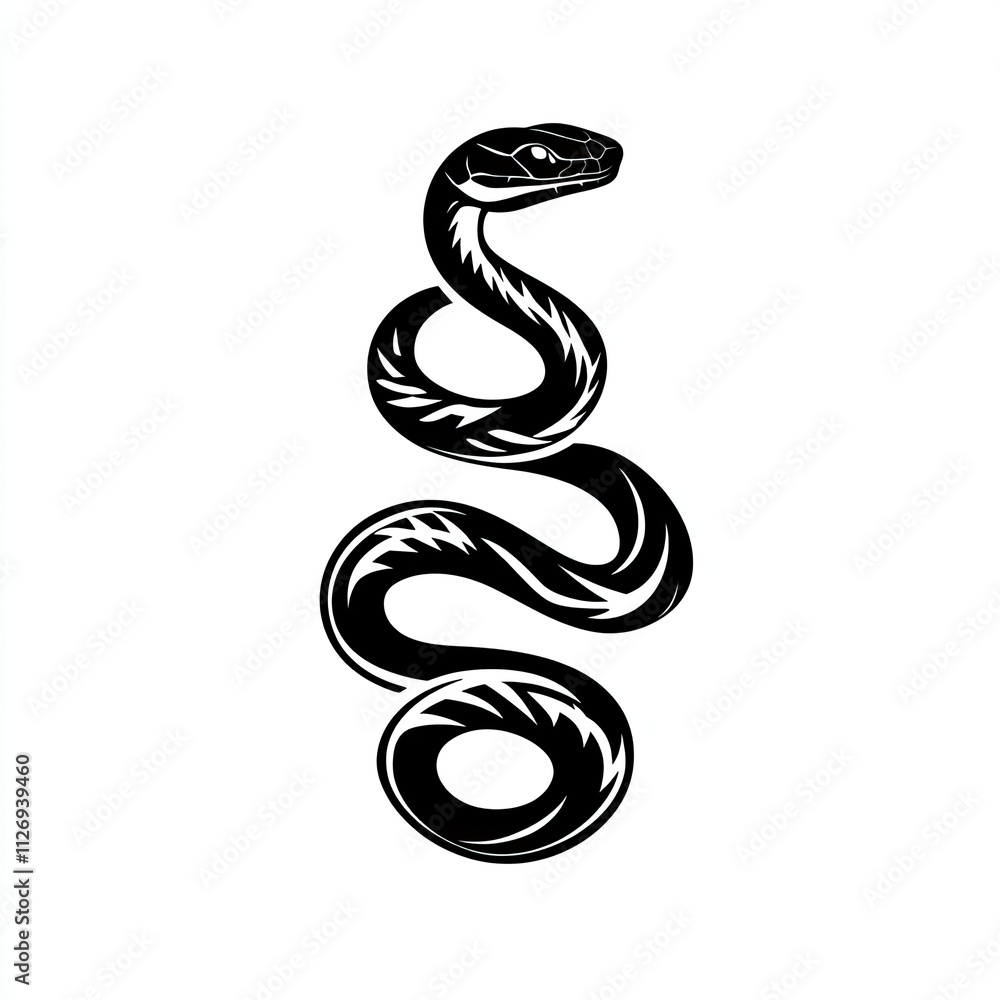 Fototapeta premium Black And White Illustrative Snake Design With Intricate Pattern And Stylish Curling Shape Perfect For Tattoos And Artwork