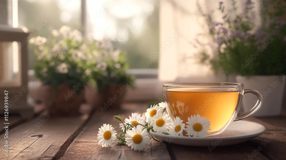 Fresh chamomile tea on a wooden table with blooming flowers and warm sunlight Fresh chamomile tea on a wooden table with blooming flowers and warm sunlight