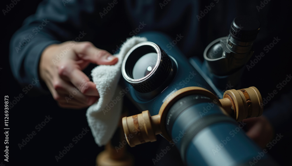Naklejka premium Cleaning telescope lens for clear astronomical observations.