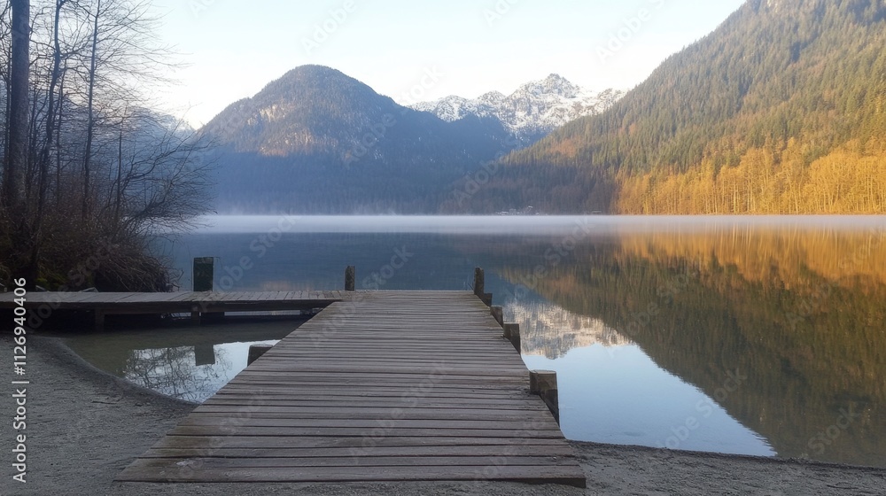 Serene Lake View from Wooden Dock Surrounded by Majestic Mountains Serene Lake View from Wooden Dock Surrounded by Majestic Mountains
